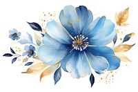 Blue flower watercolor and golden glitter outline stroke pattern petal plant.