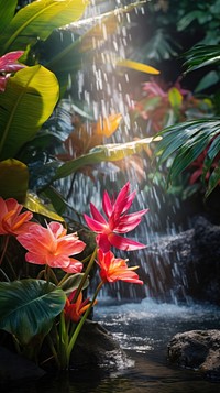  Colorful tropical flowers waterfall nature outdoors. AI generated Image by rawpixel.
