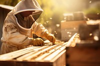 Beekeeper in protective workwear working on a beehive wooden box beekeeper sunlight architecture. AI generated Image by rawpixel.