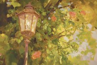 Close up lamp in a garden painting architecture illuminated. AI generated Image by rawpixel.