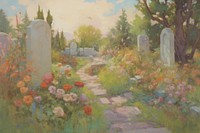 Grave yard with flowers painting tombstone outdoors. AI generated Image by rawpixel.