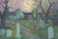 Grave yard at night painting tombstone cemetery. AI generated Image by rawpixel.
