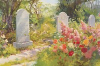 Grave yard with flowers tombstone painting outdoors. AI generated Image by rawpixel.