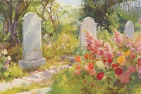 Grave yard with flowers tombstone painting outdoors. 