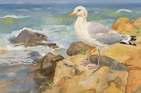 Seagull standing on the rock near the beach outdoors painting drawing. AI generated Image by rawpixel.