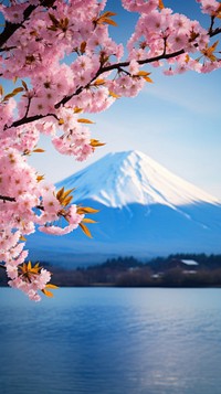  Cherry blossom branch nature mountain outdoors. AI generated Image by rawpixel.