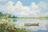 Boat landscape painting outdoors. AI generated Image by rawpixel.