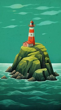Lighthouse on a green rocky island architecture outdoors nature. AI generated Image by rawpixel.