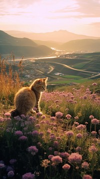 Photography of minimal a cute cat with hillside landscape grassland outdoors nature.