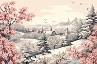 Toile with winter border landscape outdoors drawing.