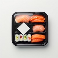 Sealable black plastic tray with sushi and blank label  packaging seafood meal dish.
