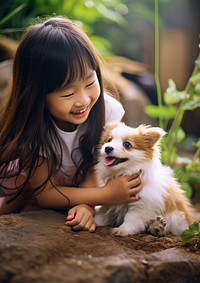 Hong Kong girl playing with a pet animal mammal puppy.
