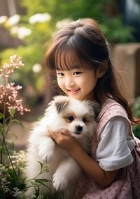 Japanese girl playing with a pet portrait mammal animal.