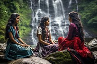 Indian teen age women waterfall outdoors nature.