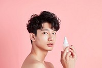 Korean man hand cosmetics portrait.