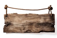 Drift wood plank sign hanging rope white background.