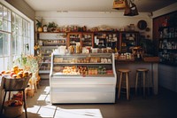 Groceries shop bakery refrigerator architecture.