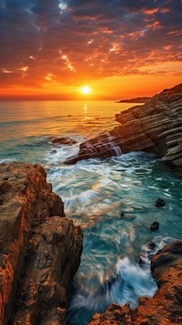 Photo of rocks and sea wave topview sunset landscape outdoors.