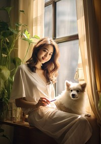Japanese woman pet portrait sitting.