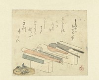 Keukengerei op een hakblok (c. 1800 - c. 1805) by Kubota Shunman