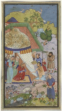 Episode uit de liefdesgeschiedenis van Laila en Majnun, Majnun in gesprek met Laila voor een tent (c. 1500 - c. 1700) by anonymous
