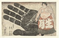 Ikezuki Geitazaemon naast een afdruk van zijn hand (1842 - 1846) by Utagawa Kunisada I