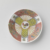 Saucer with cock and three fans with flower sprays (c. 1725 - c. 1749) by anonymous