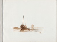 Zeilschip voor anker voor een kust (1830 - 1860) by Albertus van Beest