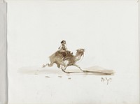 Man op een rennende kameel in een woestijnlandschap (1830 - 1860) by Albertus van Beest
