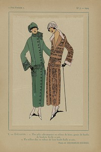 Très Parisien, 1923, No 7: 1-ELÉGANTES. - 1. Une jolie robe-manteau... (1923) by anonymous, Diederichs Soieries and G P Joumard