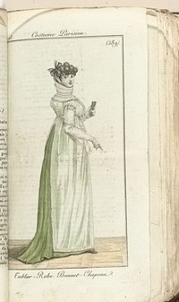 Journal des Dames et des Modes, Costume Parisien, 1805, An 13 (589) Tablier-Robe. Bonnet-Chapeau (1805) by anonymous and Pierre de la Mésangère