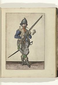 Soldaat op wacht die zijn roer met zijn rechterhand schuin omhoog gericht vasthoudt, terwijl hij de loop in zijn linkerhand laat vallen (nr. 35), ca. 1600 (1597 - 1608) by Jacques de Gheyn II, Robert de Baudous and Jacques de Gheyn II