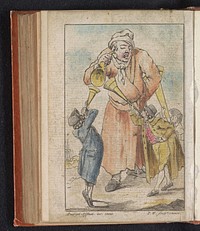 Grote man met oorhoorn (het volk) krijgt raad van drie kleinere mannen met megafoons (1792) by Pieter van Woensel