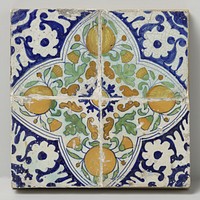 Veld van vier tegels met oranjeappels en goudsbloemen (c. 1400 - c. 1950)
