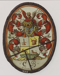 Ruit met een gevierendeeld wapenschild waarin een ossekop, een haas, een hond en een stratenmakersblok (1674) by anonymous