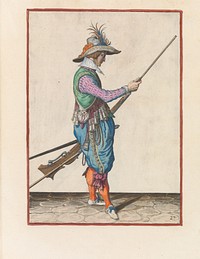 Soldaat die met zijn laadstok kruit en kogel in de loop van zijn musket duwt (c. 1597 - 1607) by Jacques de Gheyn II and Jacques de Gheyn II