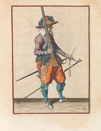 Soldaat die zijn musket met zijn rechterhand rechtop vasthoudt (c. 1597 - 1607) by Jacques de Gheyn II and Jacques de Gheyn II