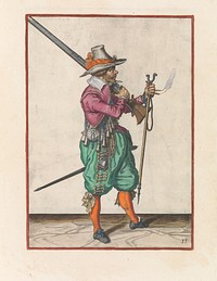 Soldaat die zijn musket met zijn rechterhand op zijn schouder legt (c. 1597 - 1607) by Jacques de Gheyn II and Jacques de Gheyn II