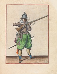 Soldaat die de lont aanblaast en met zijn vingers de pan afdekt (c. 1597 - 1607) by Jacques de Gheyn II and Jacques de Gheyn II