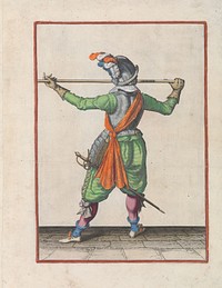 Soldaat, op de rug gezien, die zijn spies met beide handen horizontaal op neushoogte draagt, zijn rechterhand bij de voet van het wapen, zijn gezicht naar rechts gewend (c. 1597 - 1607) by Jacques de Gheyn II and Jacques de Gheyn II