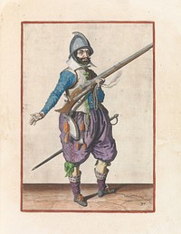 Soldaat op wacht die zijn roer met zijn linkerhand bij zijn rechterzijde schuin omhoog gericht vasthoudt, zijn rechterhand uitgestoken (c. 1597 - 1607) by Jacques de Gheyn II and Jacques de Gheyn II