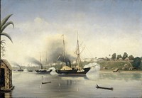 De beschieting van de Kraton van de Sultan van Djambi door de gouvernementsmarineschepen 'Celebes', 'Admiraal van Kinsbergen' en 'Onrust' op 8 september 1858 (1858 - 1865) by anonymous