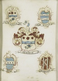 Het wapen van een vrouwelijk lid van de familie Ockersse, gehuwd met van Gelre en moeder van Anna Digna van Gelre, met de wapens van haar vier grootouders (1750 - 1799) by anonymous