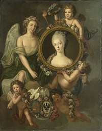 Portrait of Wilhelmina of Prussia in a medallion with allusions to her marriage to Prince William V on 4 October 1767 in Berlin (Frederika Sophia Wilhelmina) (1767) by Friedrich Reclam