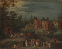 Village with a Puppeteer Entertaining a Small Crowd (c. 1650 - c. 1660) by Peeter Gijsels