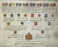 Kwartierstaat met de wapens van de zestien kwartieren van Jan van de Poll (1700 - 1749) by anonymous