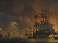 The fire on the Wharves of Algiers, shortly after the commencement of the Bombardment by the Anglo-Dutch Fleet, 27 August 1816 (1816 - 1820) by Nicolaas Baur