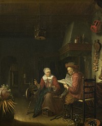Interior with a man reading and a woman spinning yarn (1660 - 1676) by Domenicus van Tol
