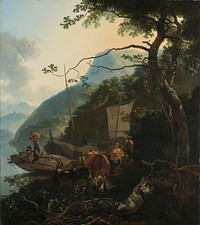 Boatmen Moored on the Shore of an Italian Lake (1650 - 1670) by Adam Pijnacker