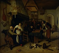 Interior of an inn with an old man amusing himself with the landlady and two men playing backgammon, known as 'Two kinds of games' (1660 - 1679) by Jan Havicksz Steen